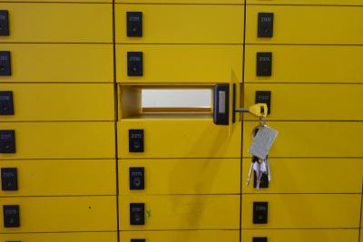 A photo of an open post office box at a Deutsche Post office.