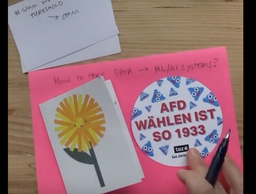 Probably Private YouTube video showing an anti-AfD sticker and a card with a flower on it.